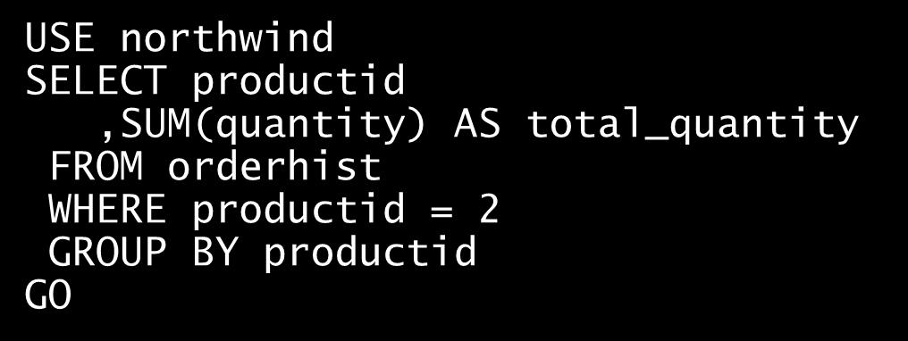 productid Only rows that satisfy the WHERE clause are grouped productid total_quantity 1 15 2 35 3 45 productid