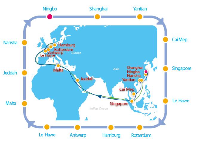 AEU6/FAL3 欧洲航线 优势 Westbound 远东至法国勒哈佛尔快航 特色越南至西北欧直航服务 盐田至西北欧有竞争力交货期 Eastbound 提供安特卫普 勒哈佛尔至南沙和华东的快速交货期 通过吉达挂港, 提供西北欧至红海更广泛覆盖 Ningbo CMICT 0 Thu 1 Fri Shanghai YANGSHAN PIII 1 Fri 2 Sat Yantian YICT 5