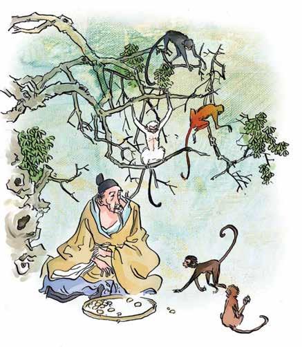 中国蒙学经典故事丛书 Colección de Obras Clásicas Chinas para Niños 把家人的食物节省下来, 也要满足猴子们的胃口 但是过了一段时间, 因为猴子的数量实在太多,