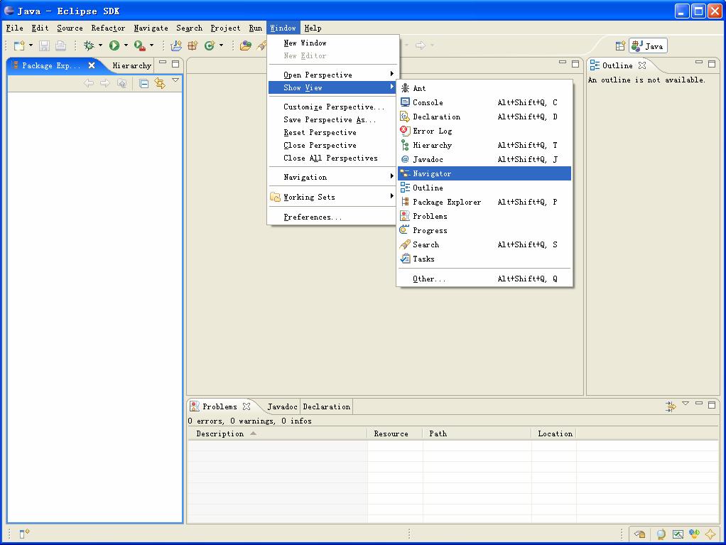 Workspace, 它默认会在启动 Eclipse 时询问打开哪个 Workspace, 也可以在启动 Eclipse 后选择菜单项 File 中的 Switch workspace 来切换 Workspace 图 1-4 Eclipse 工作台在这里, 建议选择一个独立的