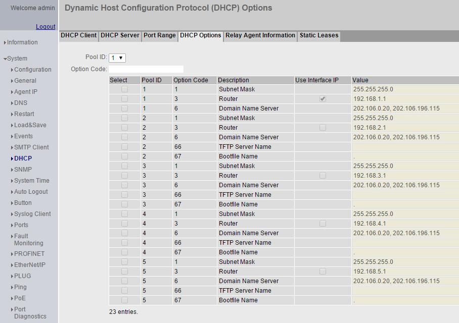 1 DHCP 服务器侧的配置 在左侧作为 DHCP 服务器的 SCALANCE X416 上, 在第 2 节的基础上, 继续在 VLAN1 上创建地址池 4 和 5, 如图 4-1 所示 图 4-1 DHCP 服务器创建新的地址池 在 DHCP