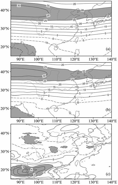 1 期 刘景卫等 : 变网格大气模式对 1998 年东亚夏季风异常的模拟研究 19 夏季降水偏少, 河套 华北夏季降水偏多 ; 夏季西风急流异常偏南时, 降水型则与之相反 [35,39]. 图 6 给出 1998 年夏季 200hPa 西风急流的分布. 观测资料中 ( 图 6a), 西风急流轴 ( 纬向风速 >25 m/s) 位于 38 N 附近, 从中国西北部向东延伸至日本北部.