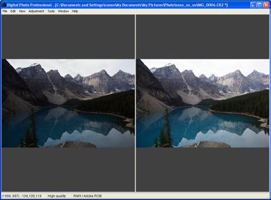 與原始影像對比時進行調整 您可以在同一個視窗中分別顯示影像調整前後的版本, 並在檢查調整結果時調整影像 在視窗中, 選擇 [ 檢視 (View)] 選單 [ 前 / 後比較
