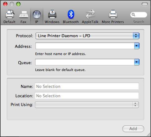 MAC OS 48 通过 IP 打印机 连接添加打印机 1 单击对话框中的 "IP" 图标 2 LPD 打印 : 从 "Protocol" 列表中选择 "Line Printer Daemon - LPD", 在 "Address" 字段中输入 EX 打印服务器的 IP 地址或 DNS 名称, 然后在 "Queue" 字段中输入打印连接 ( 打印或保留 ) 跳至步骤 4 IP 打印 : 从
