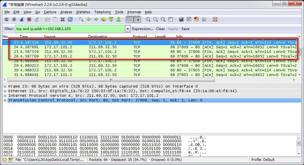 计算机网络 实验指导书 / 实验六 :UDP 与 TCP 协议分析 (2)TCP 释放连接报文分析 1 获取释放连接报文 关闭浏览器后, 由于长时间未进行连接, 将进行释放该 TCP 连接操作, 可通过 Wireshark 网络分析工具, 获取释放 TCP 连接的数据报文如图 6-6 所示 2 释放连接报文分析 图 6-7 TCP 释放连接报文对抓取到的 TCP 报文进行分析,