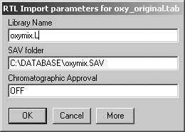 SAV), 并点击 OK 确定您的谱库名称与 tab- 文件名不同 键入 oxymix.l 键入 C:\DATABASE\oxymix.