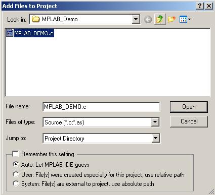 MPLAB IDE 及 HI-TECH C PRO 编译器简介 浏览至 C:\MPLAB_DEMO 目录, 添加刚创建的文件 ( 见图 1-9) 图 1-9: ADD FILES TO