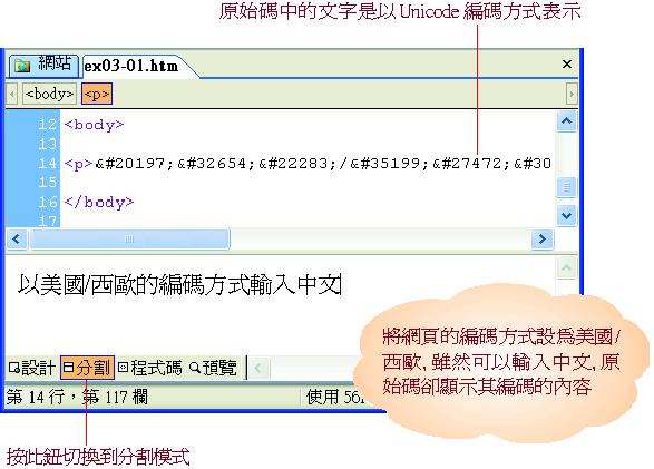 Unicode 編碼方式 即使編碼方式不設成繁體中文, 也能正確的輸入中文字, 但因為此時原始的 HTML 檔不是 BIG-5 編碼儲存, 因次將改用 Unicode 編碼儲存中文字 以 Unicode