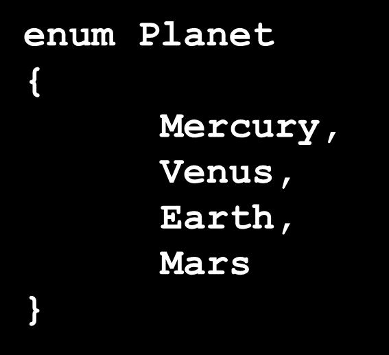 3.3 创建并使用枚举类型 定义枚举类型 enum Planet { Mercury, Venus, Earth, Mars } 使用枚举类型