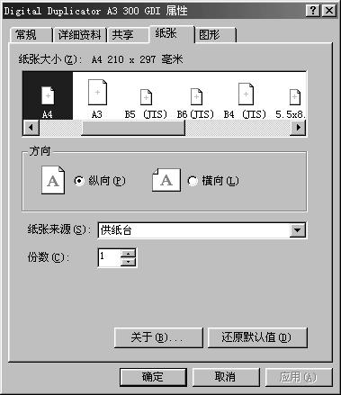 4. 关于打印机驱动程序的设置 使用 Windows 95/98/Me 时 在此主要以本打印机固有的功能为中心进行说明 参考关于除此以外的功能 请参考 Windows 的说明书或帮助 以下将以 Windows 98 的画面为例进行说明 在此将以连接 Digital Duplicator A3 300dpi 打印机时的画面为例进行说明 [ 属性 ] 的设置 [ 纸张 ] 选项卡
