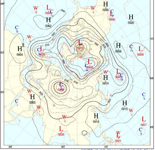3 环流背景及影响系统分析 欧亚的大气环流形势比较复杂, 大致呈现经向环流 ( 图 2) 在新地岛一带以南乌拉尔山脉以北有一个冷中心 ( 深槽 ), 随着该槽的加强, 北极圈内有冷平流顺势而向南突击, 通过上下游效应在我国华北 -
