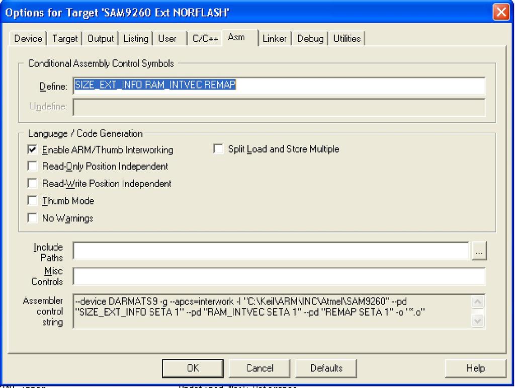 向量复制到内部 RAM, 并将内部 RAM 映射为 0x0 地址 Linker 处还是选择 Use Memory Layout Form Target Dialog 图 4-3 Norflash ASM 接着,Build Target, 无错误的话,
