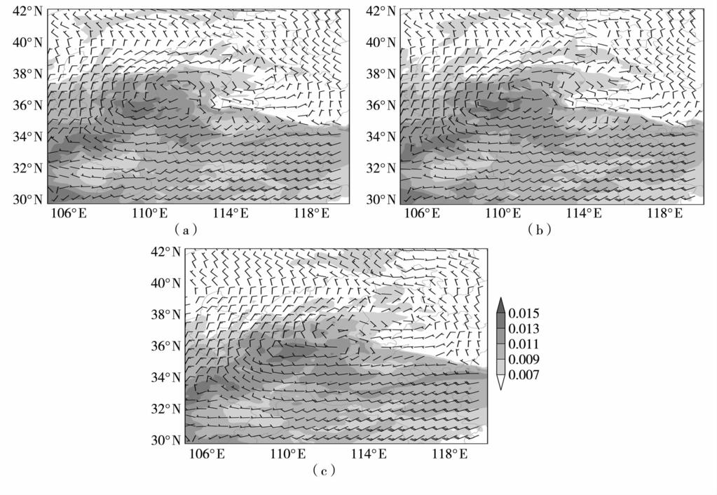 530 干旱气象 34 卷 图 11 3 组方案模拟的 7 月 4 日 02:00700hPa 风场及水汽混合比 ( 阴影, 单位 :kg kg -1 ) (a) 方案 1,(b) 方案 2,(c) 方案 3 Fig.