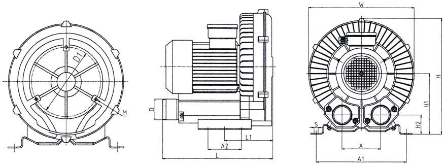 JQT-C 系列旋涡式气泵 特点 离心循环设计, 压力高 风量大 气流缓冲设计, 噪音更低 起动力矩小, 工作过程稳定 可靠 无油润滑设计, 气体更纯净 表面磷化处理, 静电喷涂, 色泽均匀, 附着力更强 功率配置范围广, 产品使用寿命长 JQT-C 系列气泵安装尺寸 型号 参数 L W H H1 H2 A A1 A2 L1 D D1 S M 3 JQT-090-C 247 200 223