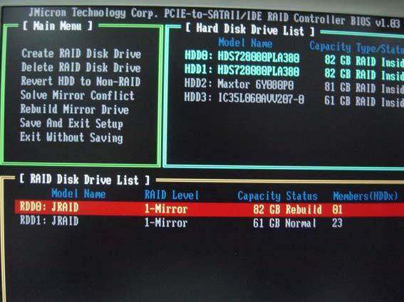 2.2 JMicron Windows RAID 安装指南 JMRaidTool 软件是一款设立 JMB36X RAID 的程序 在主程序窗口显示两种信息 : 所有硬盘的信息和磁盘阵列的信息 3.2.1 创建 RAID JMRaidTool 支持创建 RAID 0(Stripe,