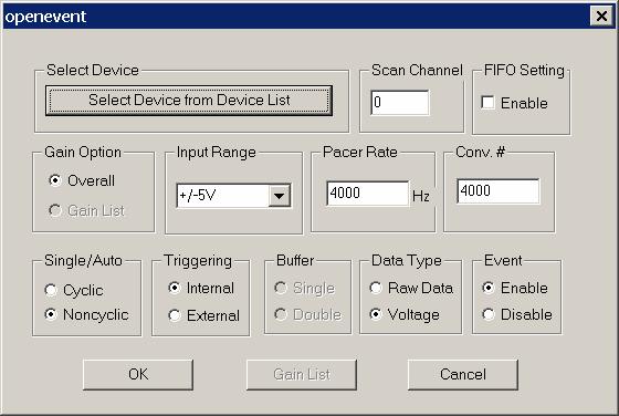 DRV_FAITransfer DRV_FAIStop 1 Setting 2 Select Select Device from Device List Scan Channel: FIFO Setting: FIFO Gain Option: Overall Input Range