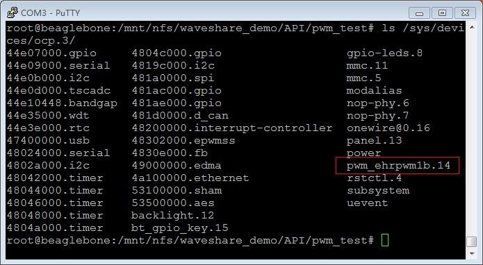 3.2 LED 测试 在终端输入 : root@beaglebone:~# test_led 可以看到 4 个 LED 作循环的流动, 按键盘 Ctrl+C 结束实验 3.3 蜂鸣器测试 1) 在终端输入 : root@beaglebone:~# ls /sys/devices/ocp.3/ 可以看到 pwm_ehrpwm1b.14 文件, 如下图所示 : 图 9.