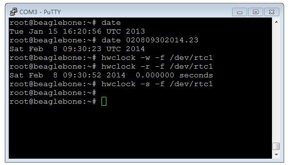 图 11. RTC 时钟模块的硬件时间同步到系统时间 6) 断电重启, 读取 RTC 的硬件时间, 并同步到系统时间, 输入命令 : root@beaglebone:~# hwclock r f /dev/rtc1