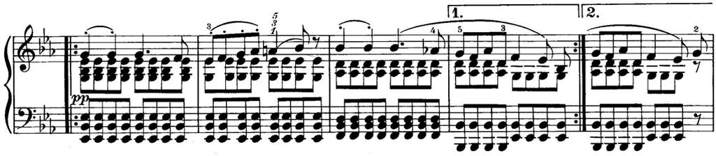 第九小節由 pp 開始的旋律要極富美感流暢, 雙手的伴奏和絃進行時需整齊柔和, 手指應儘量貼近鍵盤以避免聲響過大 ; 並利用手腕來推動小指的觸鍵,