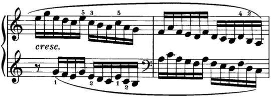 第四十一小節起之卡農樂段, 可以近似交錯拍子 ( Hemiola ) 的韻律彈奏, 即一小節兩個 三拍 轉換成三個 兩拍 之形式, 要保持雙手彈奏整齊一致以及律動感, 可將其分為四個十六分音符為一組來練習 ( 譜例 40