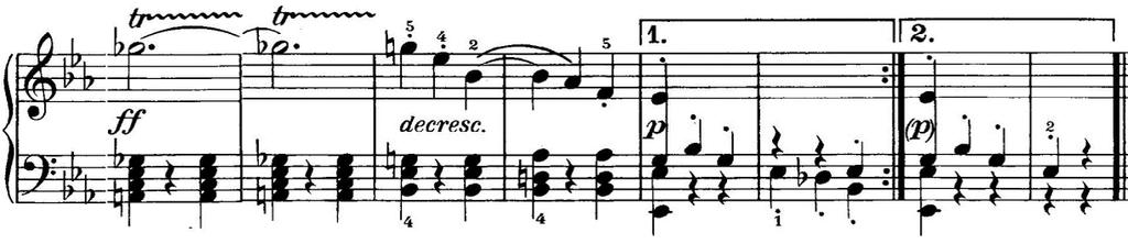 斷奏的律動須將力量集中於指尖, 始有清楚的顆粒表現 第五十小節的震音彈奏開始於主要的音 G b, 左手伴隨著屬七和絃, 震音的觸鍵要均勻並且以 ff 的力度強調之 ( 譜例 47 ) 譜例 47