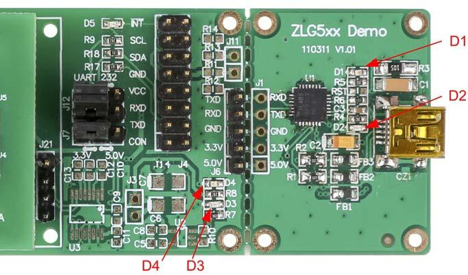 D4 读写卡模块接口部分 3.3V 电源指示灯 注意 :D3 D4 只表示从相应的电源输入接口有输入, 不表示模块所供电压就是指示灯所指示的 模 块电压是通过 J7 来选择是使用 3.3V 还是 5.0V 图 3.7 ZLG500 Demo 板指示灯 3.6. 使用 ZLG600 DLL_Test 软件进行读卡操作 图 3.