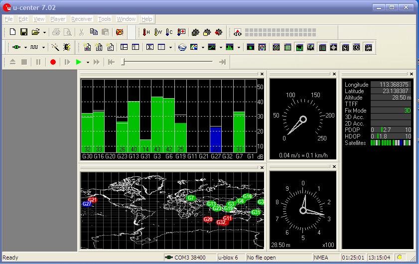 ),Baudrate 为 38400 再点击图中的连接/ 断开按钮, 即可连接上 ATK-NEO-6M GPS 模块, 同时软件开始显示各种信息, 如图
