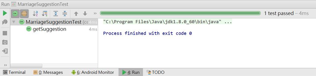 舊的 JUnit 測試套件是使用 testxxx() 的命名規則來指定測試用的方法, 新的 JUnit 測試套件則改用 編譯註解 @Test 來指定測試用的方法 編輯好單元測試檔之後, 在專案檢視視窗中, 用滑鼠右鍵點選它, 然後選擇 Run 'MarriageSuggestionTest'