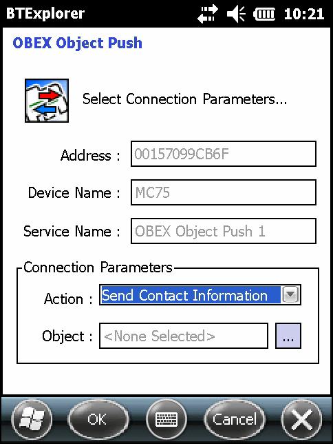 在 Windows 裝置上使用藍牙 5-25 7. 點選 Ok ( 確定 ) 交換聯絡人 若要與其他裝置交換聯絡人 : 註 交換聯絡人之前, 必須先設定預設的聯絡人, 才能傳送聯絡人 確認 MC92N0-G 可以連線 1.