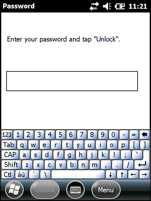 2-16 MC92N0-G 使用者指南 圖 2-13 強式密碼鎖定畫面 輸入強式密碼, 然後點選 Unlock ( 解除鎖定 ) 密碼鎖定設定 使用 Password ( 密碼 ) 視窗來設定密碼, 以防止未經授權者存取