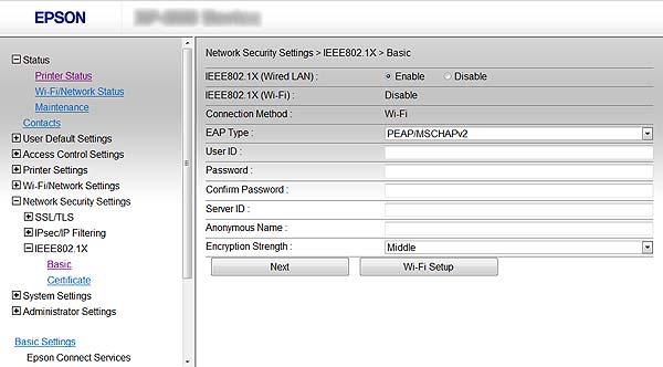 IEEE802.1X IEEE802.1X IEEE802.1X RADIUS 1. Web Config [Network Security Settings] > [IEEE802.1X] > [Basic] 2.