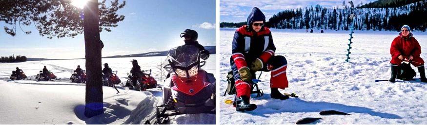 第五天里維 LEVI 雪地摩托車 + 冰上釣魚 極光觀測第四夜 雪地摩托車 + 冰上釣魚 今日帶您參與冬天盛行於北歐的雪地活動, 在專業教練帶領下, 騎乘安全又刺激的雪地摩托車, 享受芬蘭銀白無垠的雪國世界, 接著在冰湖上, 使用冰鑽工具, 鑿開湖面冰層, 拉一張板凳 一支釣竿, 在冰釣的過程中, 體驗在冰雪中與自然親密接觸的感受, 學會如何與自然 動物相處, 享受自然的餽贈,