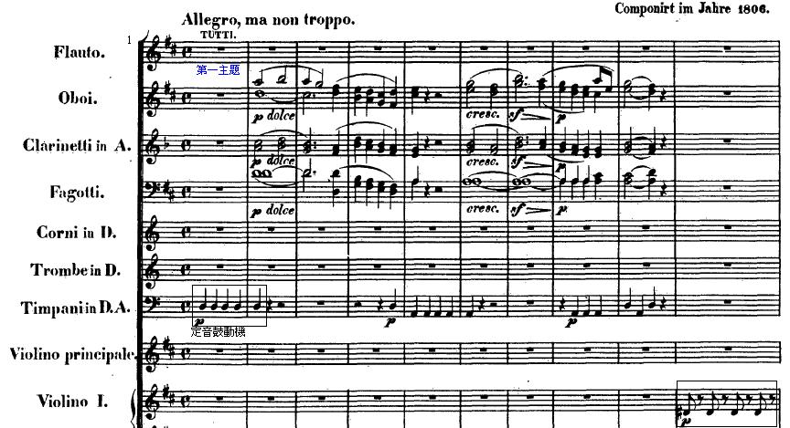 完全正格終止 (perfect authentic cadence) 之後, 貝多芬使第一小提琴奏出不和諧的 D # 音, 並賦予它五音音型動機的節奏, 造成主調感 (tonic key) 突然被扭曲的錯覺, 接著再以弦樂齊奏出 D 大調上的屬七和弦結束第一主題 ( 譜例 3, 第 17 小節 ) 譜例 2 小提琴協奏曲, 第一樂章, 第 1-10 小節 以豎笛和低音管帶出的音階式旋律音型,
