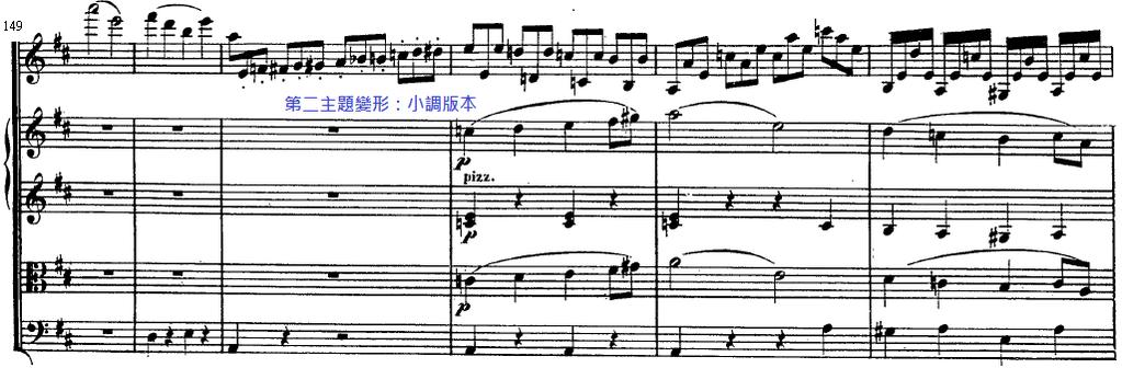 11), 調性仍在 A 大調上, 和聲上為 V 7 至 ii 的裝飾減七和弦之進行, 此處的 ii 級為延伸 V 7 的功能, 並直到第一百七十八小節才以完全正格終止解決 ( 譜例 12), 此處貝多芬使終止式與結束主題呈現樂句交疊 (overlap) 的現象 獨奏部分由 A