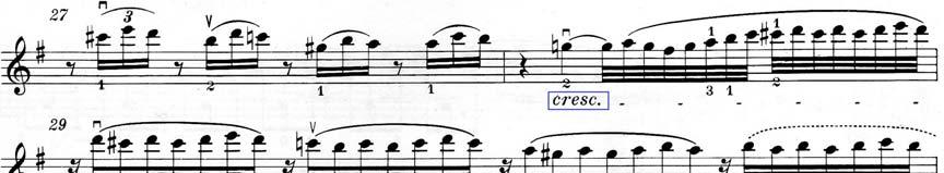 延長震音, 可給予三十二分音符略帶有彈性的速度 第四拍的前半拍稍微放慢, 後半拍再加速進入震音 (F # ), 震音之後的延伸句不需照拍子演奏 因為音域很高, 左手須持續的抖音, 為保持音色的透明度, 雖然力度記號為 p 但右手的弓速不能過慢 第二變奏即將結束的前三小節 (28-30 小節 ), 獨奏和樂團須在三小節內從 p 漸強至 ff, 以到達此樂章的第一個高潮 ( 譜例 47)