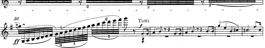 第二樂章, 第 27-34 小節 在樂團的間奏再現主題 A 之後, 獨奏以五小節的裝飾延伸樂句 (40-44 小節 ) 加入 這五小節的延伸樂句有點類似歌劇的宣敘調 (recitativo) 27, 樂團以精簡的短音在下方伴奏, 獨奏則是以自由的速度拉奏 G 大調的主和弦音群, 且將音域緩緩地抬升至 d 3 再漸弱下行進入主題 B ( 譜例 48) 第四十小節至四十二小節,