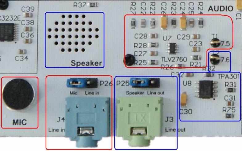 图 1.2.16 音频模块外观图 图 1.2.17 音频模块原理图 ( 音频输入部分 ) 图 1.2.18 音频模块原理图 ( 音频输出部分 ) 1.2.1.6 拨盘电位器与跳线帽收纳区 R13 是 50KΩ 的拨盘电位器, 电位器中心抽头连接到 F6638 芯片的 P7.