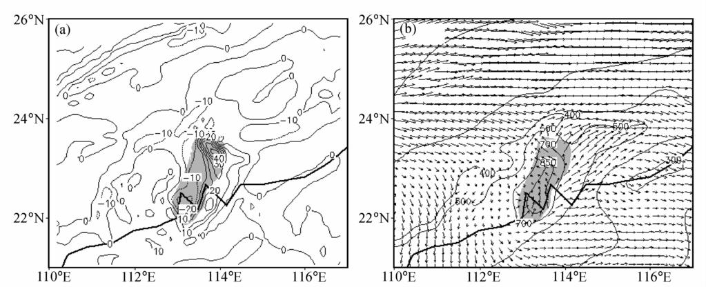 3 期蒙伟光等 : 华南暴雨中尺度对流系统的形成及湿位涡分析 335 潜热释放所造成的对流稳定性减少又进一步促进了涡旋的发展 图 3b 是相应时次 θ 犲 = 354K 湿等熵面上湿位涡的分布, 阴影区是 MCS 降水强度大于 10mmh -1 的区域, 可以看到, 在 MCS 和涡旋发生的位置等熵面上有正的湿位涡异常区对应 分析表明该正值区位置的时间演变与 MCS 的发展过程对应也很好, 从