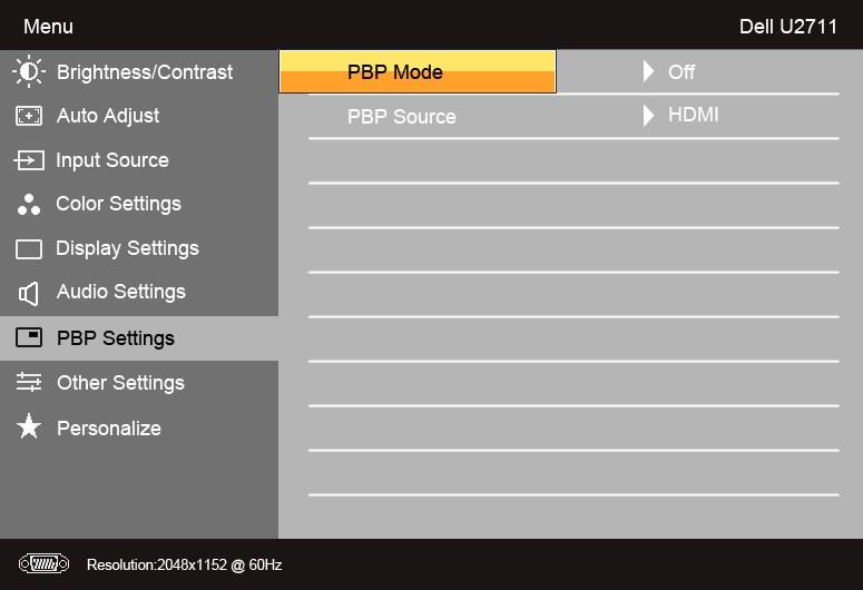 當 PBP 功能開啟時的 PBP 子功能表 備註 : 使用 DVI 來源時, 無法使用對比度調整 PBP Mode (PBP 模式 ) 使用和瀏覽, 然後使用選擇 關 或 開