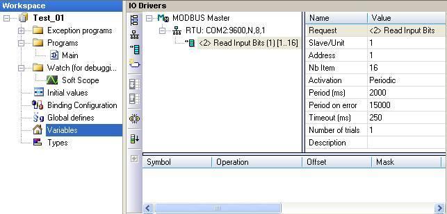 2. 接著 請開啟 Variables 視窗 設定需使用的變數 使用小技巧: 按 F1 鍵 可查看詳細的 設定說明 (MODBUS Master Configuration) 滑鼠雙擊 開啟該視窗 設定 16 個變數 (Name: Boo_01 ~ Boo_16
