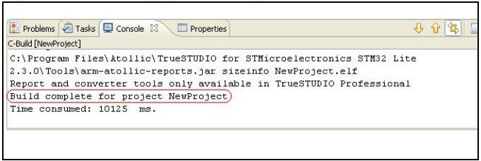 若编译项目, 在 Project 菜单内单击 Build Project 选项 8. 项目编译成功 图 47: TrueSTUDIO 项目编译成功 9.