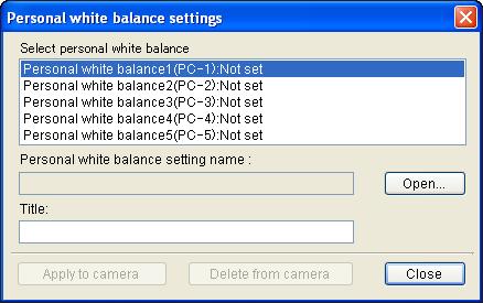 WBD 的檔案可以在相機中註冊為白平衡檔案 在 [ 標題 (Title)] 輸入方塊中輸入標題 5 按一下 [ 應用於相機 (Apply to camera)] 按鈕 個人白平衡已註冊至相機 使用 0D 時則會註冊為手動白平衡 如要註冊另一個白平衡設定, 請重複步驟 至步驟 5 按一下 [ 關閉 (Close)] 按鈕 6 [ 個人白平衡設定 (Personal white balance