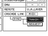 若要使两台 1V96i 的参数相互匹配, 找到复制源设备上的 DIO/Setup MIDI/Host 页面 将光标移动到 SYNC 参数的 TRANSMIT 按钮, 然后按 [ENTER] 注 : 必须将从机的母线信号跳线到主机上的相同母线 跳线不当会导致级联连接错误 7.