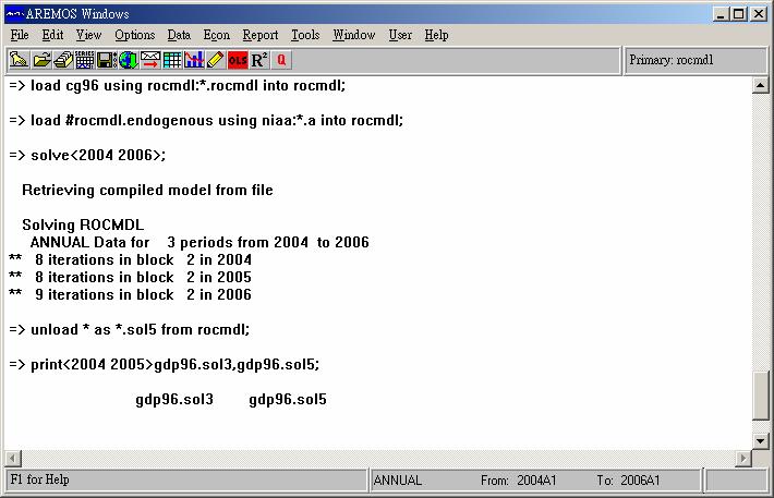 中, 而前面一個 load 指令即是將 cg96.rocmdl 數列放進 rocmdl.sim 之資料檔 (datafile 指令所創造 ); 後面一個 load 指令為將內生變數再放進 rocmdl.sim 之資料檔 ; 求解完成後, 從資料檔 (rocmdl.sim) 中 unload 下來, 並以 變數.sol5 名字陳現 其完整過程如下 : 任意列印幾個變數, 與 14.