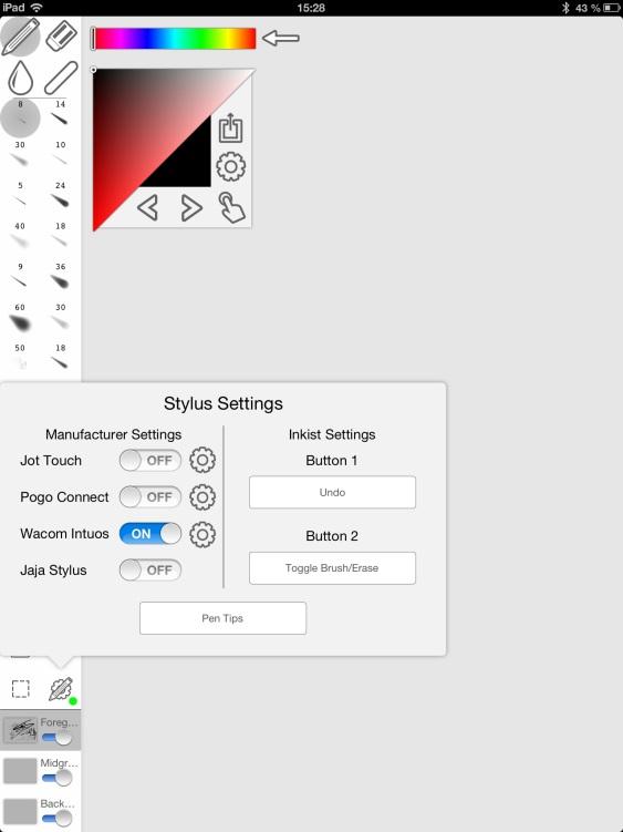 Inkist 1. 打开 app 2. 在左侧点击 Stylus Settings 的图标 3. 在 Manufacturer Settings 中打开 Wacom Intuos 4. 点击压感笔的侧开关开始配对 压感笔蓝色指示灯开始闪烁 5.