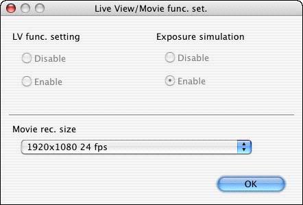 設定短片記錄大小時, 設定前按一下 [ 即時顯示 / 短片功能設定 (Live View/Movie func. set.
