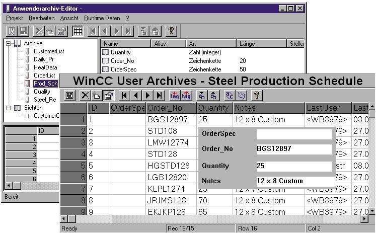 SIMATIC WinCC / User Archives 管理数据记录 使用 WinCC / User Archives 选件, 可将相关数据保存在数据记录中 WinCC 及其自动化系统 ( 例如 SIMATIC S7 PLC) 可以写入这些数据记录, 并在需要时在它们之间进行数据交换 操作员可以 ( 例如 ) 将参数记录输入到 WinCC, 将它们存储在用归档中, 如有必要,