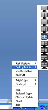 3. 图像优化 6 任务托盘右键 单击任务托盘还包含标题栏中支持的多数功能 ( 自动将窗口发送到任何分区除外 ) Find Windows ( 查找窗口 ) 在某些情况下, 用户可能将多个窗口发送到了同一个分区 Find Windows ( 查找窗口 ) 将显示所有打开的窗口, 并将所选的窗口移动到最前面 Desktop
