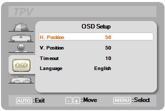 OSD Setup(OSD 设置 ) 1. 按 MENU( 菜单 ) 显示菜单 2. 按 + 或者 - 键选择 (OSD Setup)(OSD 设置 ), 并且按 MENU( 菜单 ) 进入 3. 按 + 或者 - 键选择子菜单 4. 按 + 或者 - 键调节 5. 按 AUTO( 自动 ) 退出 H. Position ( 水平位置 ) V.