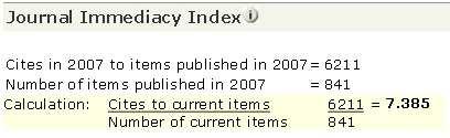 Immediacy Index 立即指數 立即指數 (Immediacy Index) 為該期刊於當年所出版的文獻數在當年度被其它文章引用的平均數 立即指數